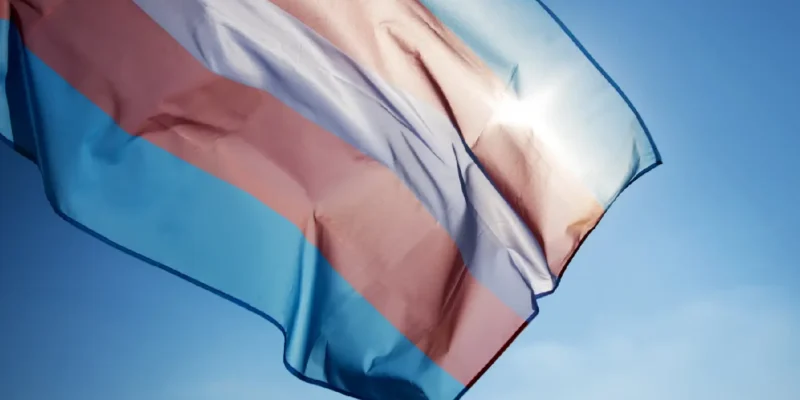 Photo of a trans pride flag (Blue, pink, white, pink, blue)