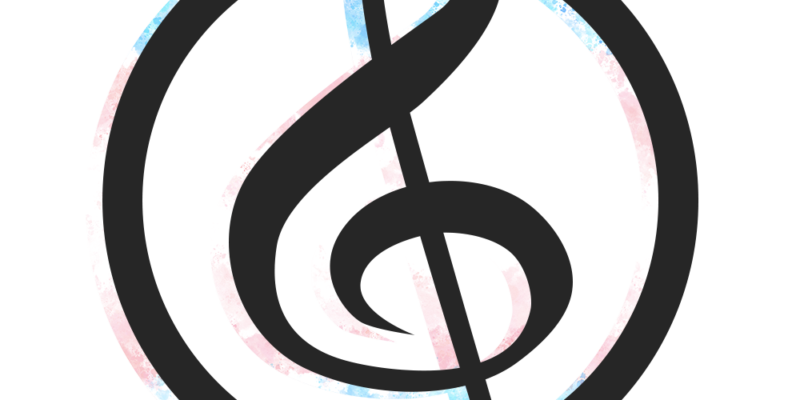 Treble clef logo with trans pride color highlights (Blue, pink, white, pink, blue)