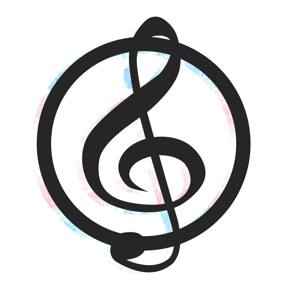Treble clef logo with trans pride color highlights (Blue, pink, white, pink, blue)