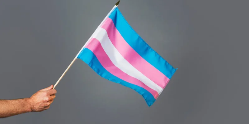 Photo of a hand holding a trans pride flag (Blue, pink, white, pink, blue)