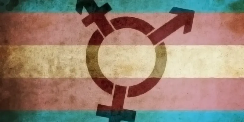 Trans pride colors (Blue, pink, white, pink, blue) overlaid over a transgender symbol