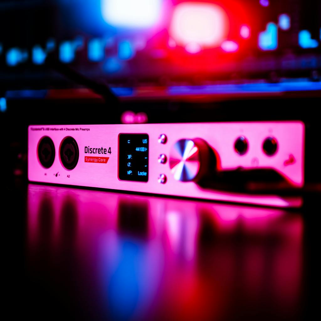 Antelope Discrete Audio Interface in a recording studio with red and blue neon light. Speech language pathology.