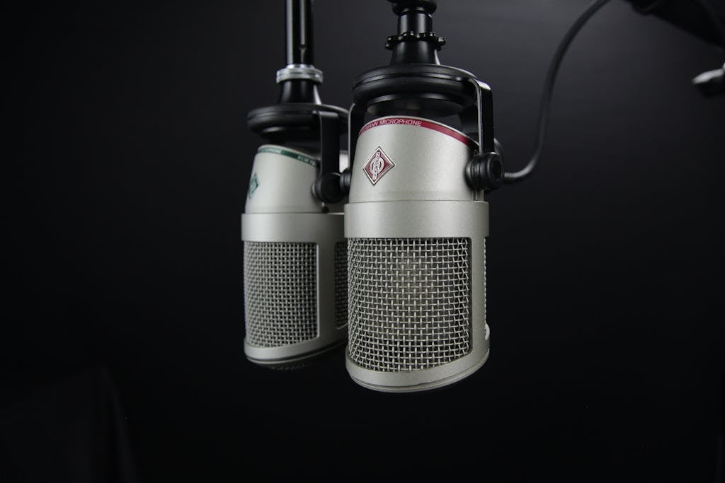 Two Gray Condenser Microphones. Speech Language Pathology.