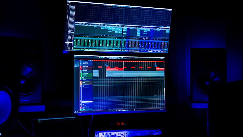 View of computer screens durign audio editing in a recording studio at Orbital 101 Studio Marseille. Speech.